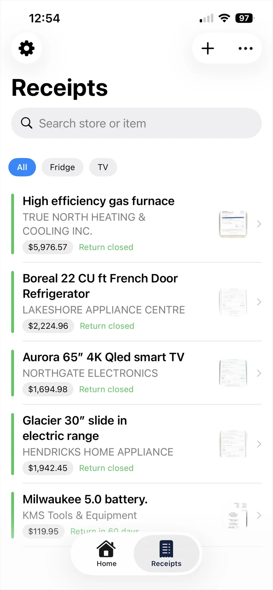 The Keepit receipts screen, listing a furnace, refrigerator, TV and range with prices and return status.