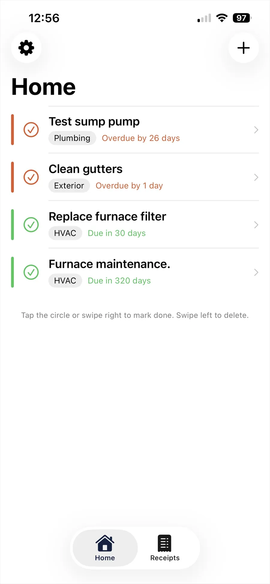 Home maintenance task list showing sump pump, gutters and furnace filter jobs.