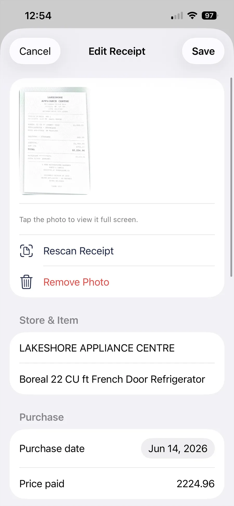 Rescanning the photo attached to a saved receipt.