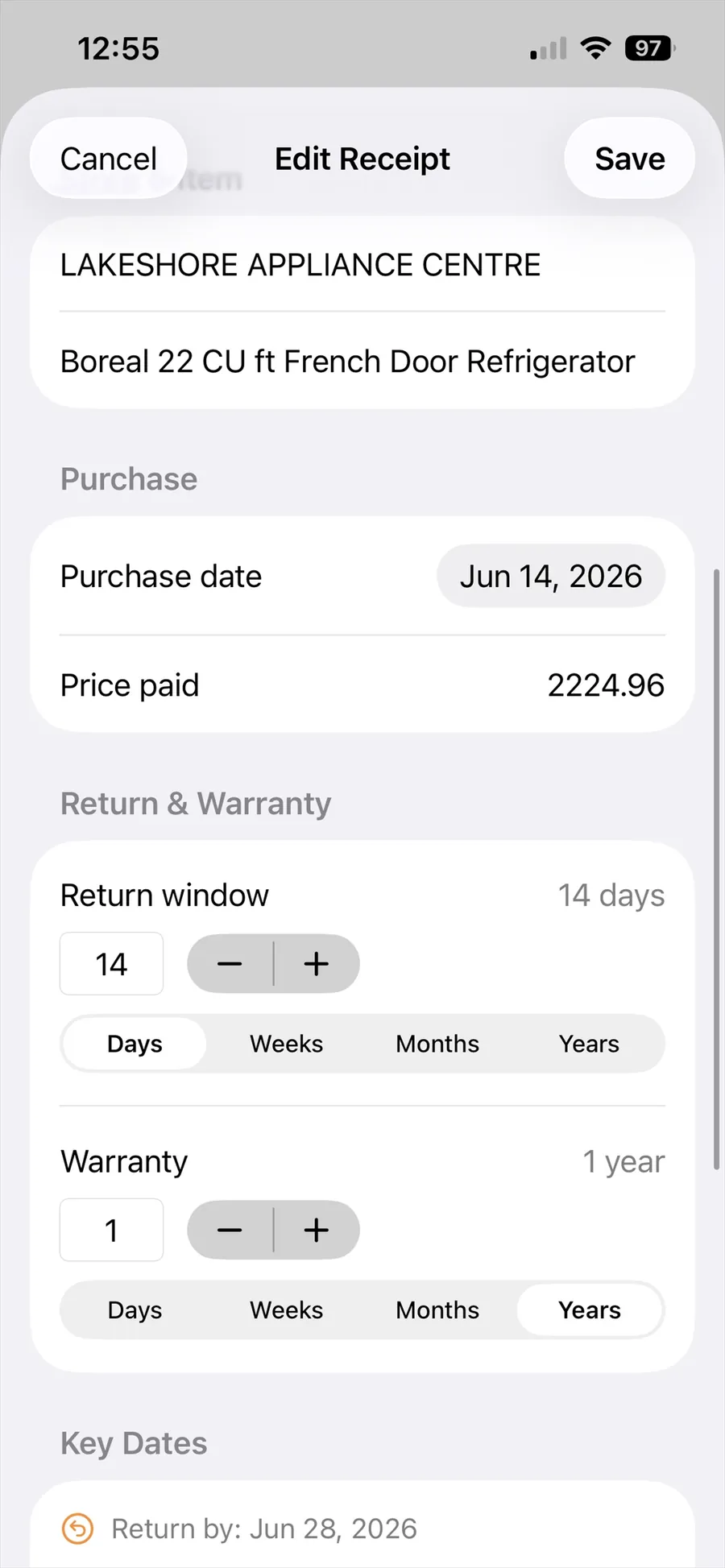 Editing a receipt to set a 14 day return window and a one year warranty.