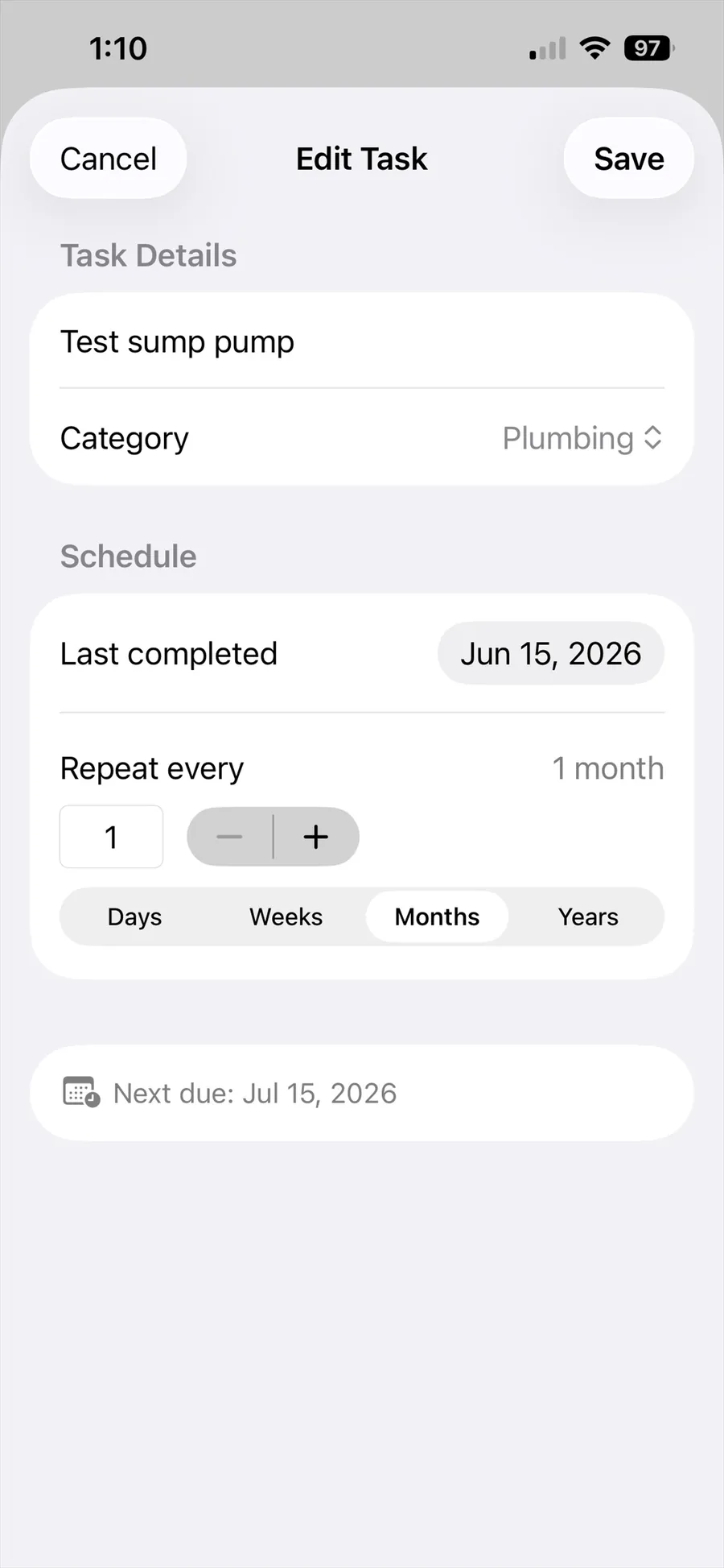 Choosing how often a task repeats, in days, weeks, months or years.